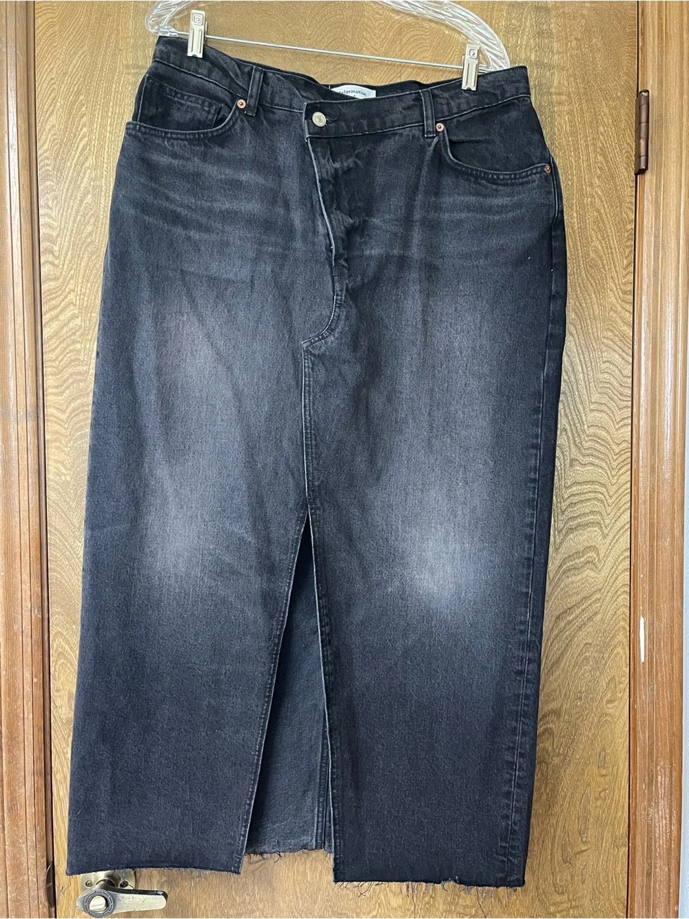 Reformation Skirt Black Denim Maxi Size 31 Front Slit Raw Hem Western Grunge